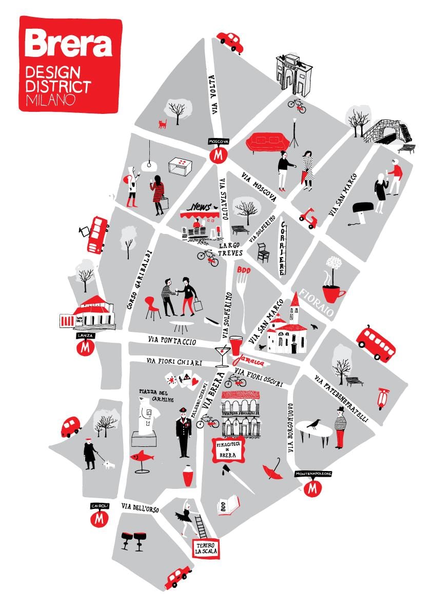 mapa do bairro de brera, em milão